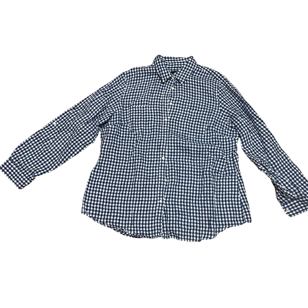 Talbots Women's XL Navy Blue White Gingham 100% Linen Button Down Roll Tab Shirt
